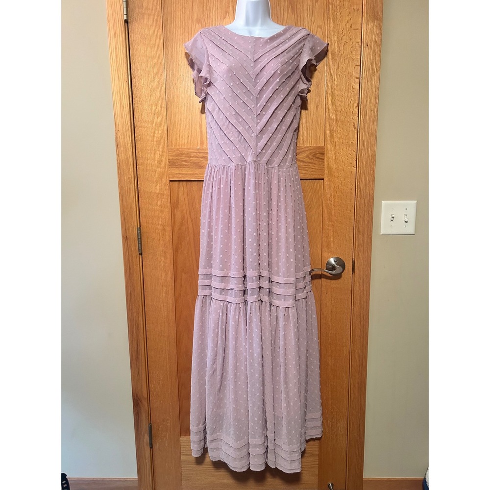 Böhme Women's Mauve Pink Swiss Dot Tiered Maxi Dress Flutter Sleeves Small Boho